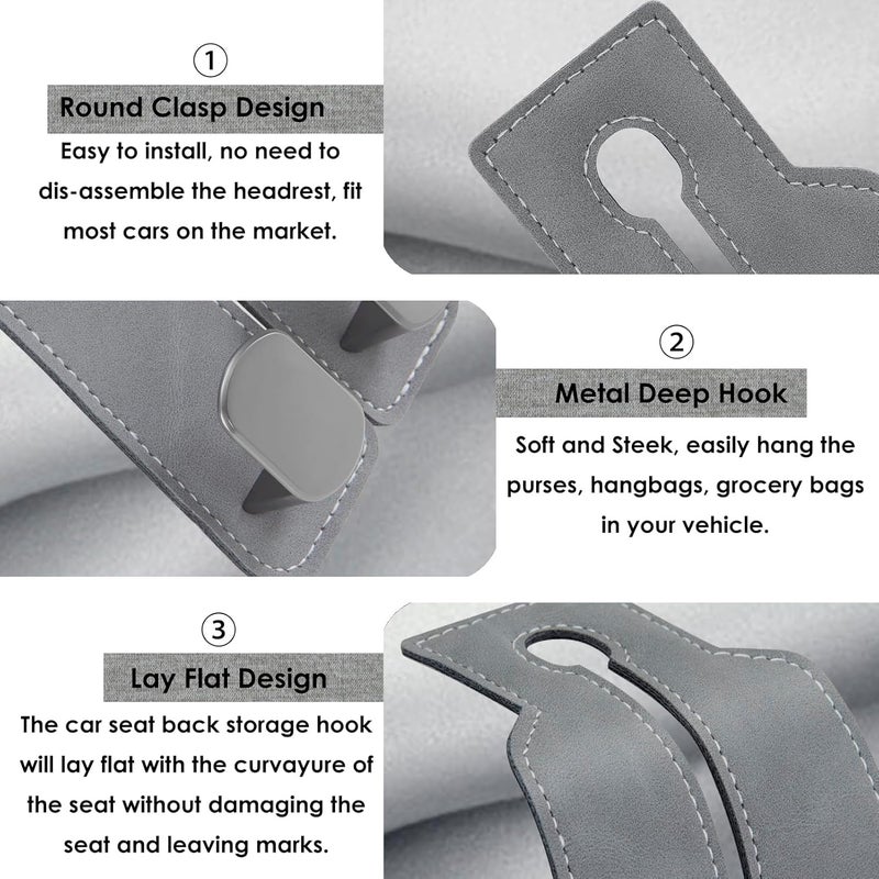 DYREOOE Purse Hook for Car, Thickened Leather Sturdy Metal Car Hooks for Purses and Bags Cute - Headrest Hook for Car, Car Seat Back Storage Hook, Purse Holder for Car (Gray - 1 Pack) - Image 5